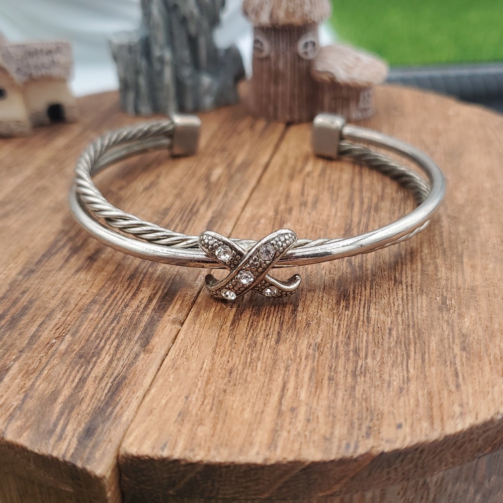 Silver Tone Twisted Cable Bracelet with Rhinestone X Accent B3320 Cuff